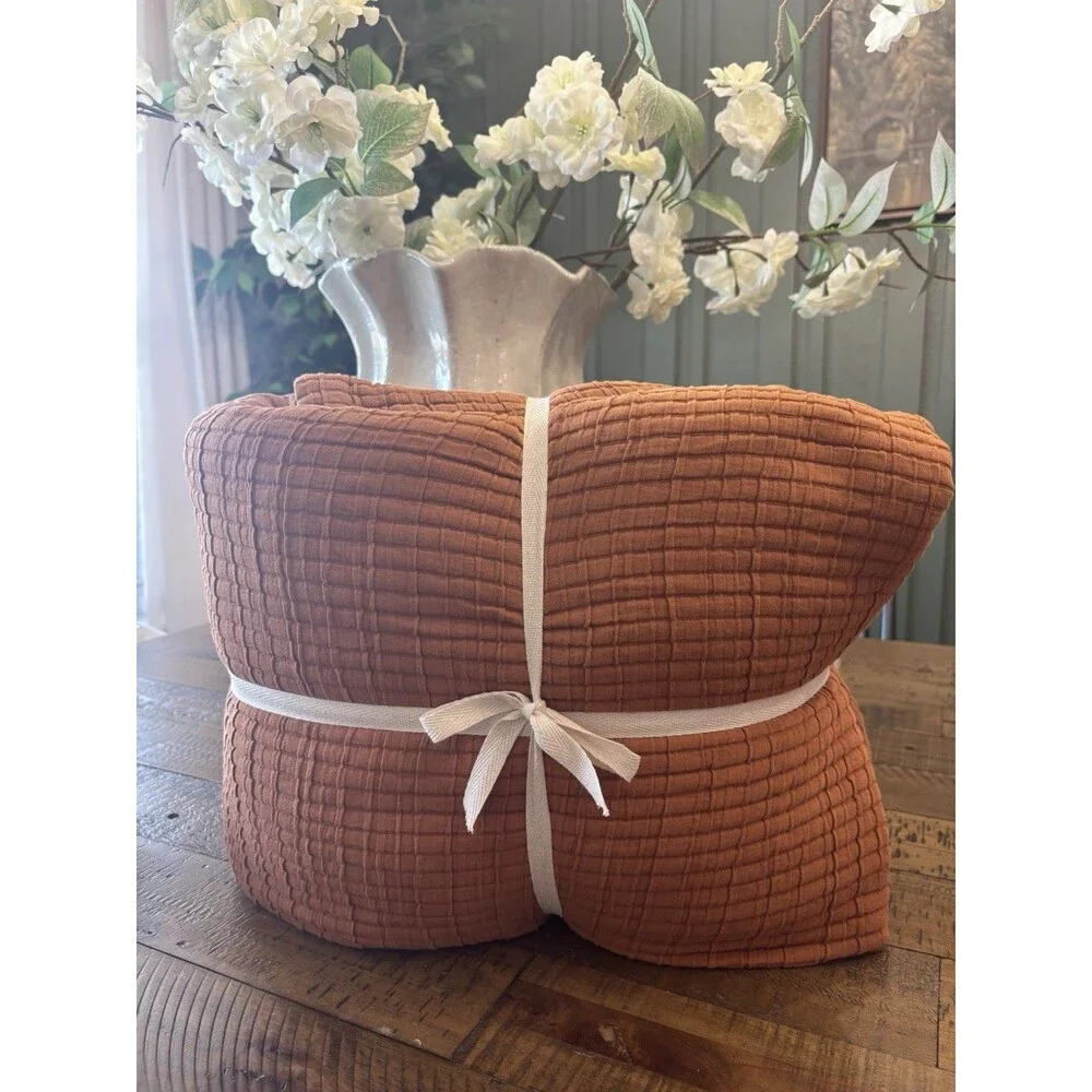 Quince Organic Ribbed Cotton Coverlet Set Full Queen Terracotta Hard to Find
